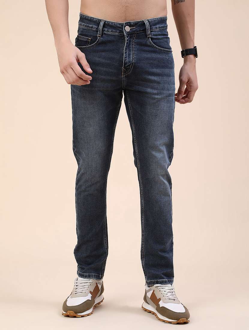 men washed mid rise tapered jeans