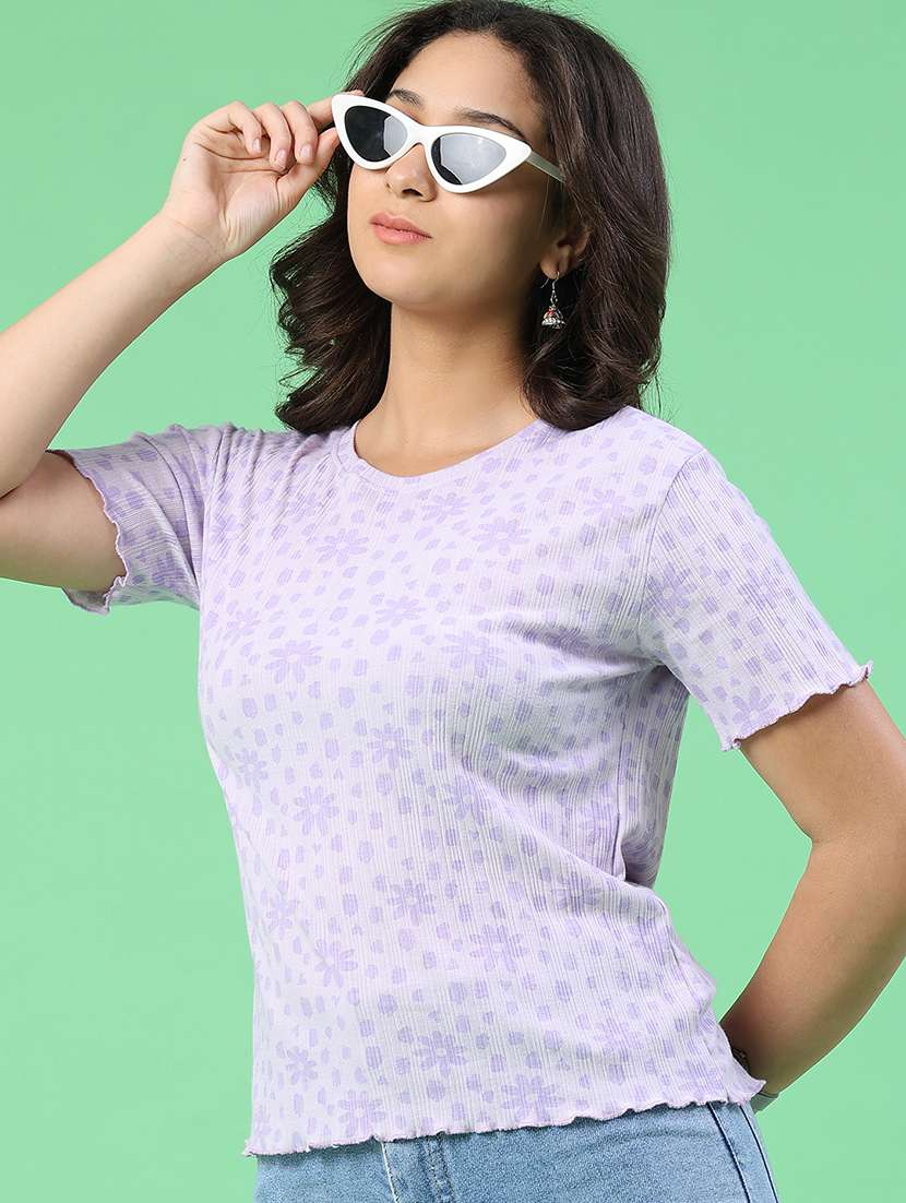 women floral printed round neck short sleeves t-shirt