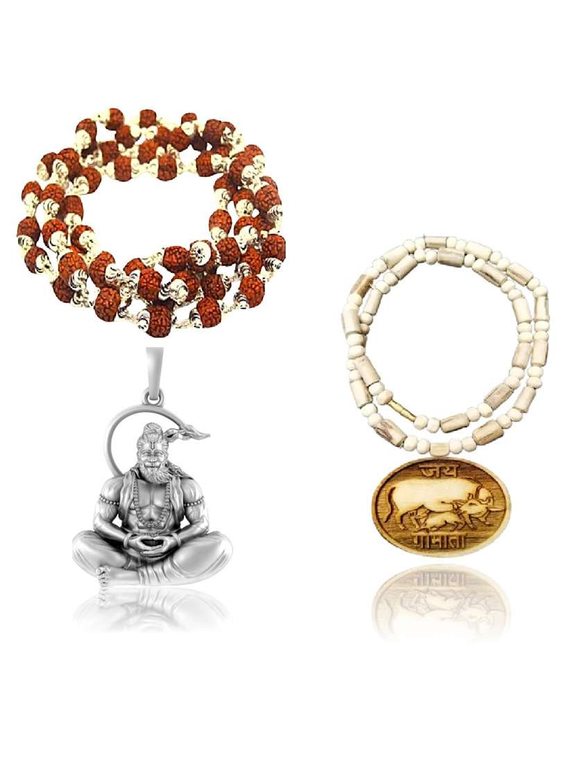  shri hanuman silver pendant with rudraksha and tulsi mala