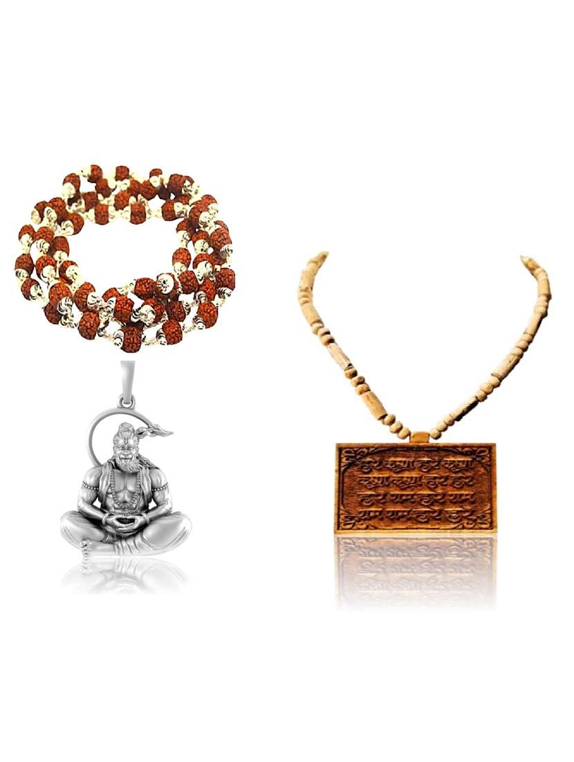  shri hanuman silver pendant with rudraksha and tulsi mala