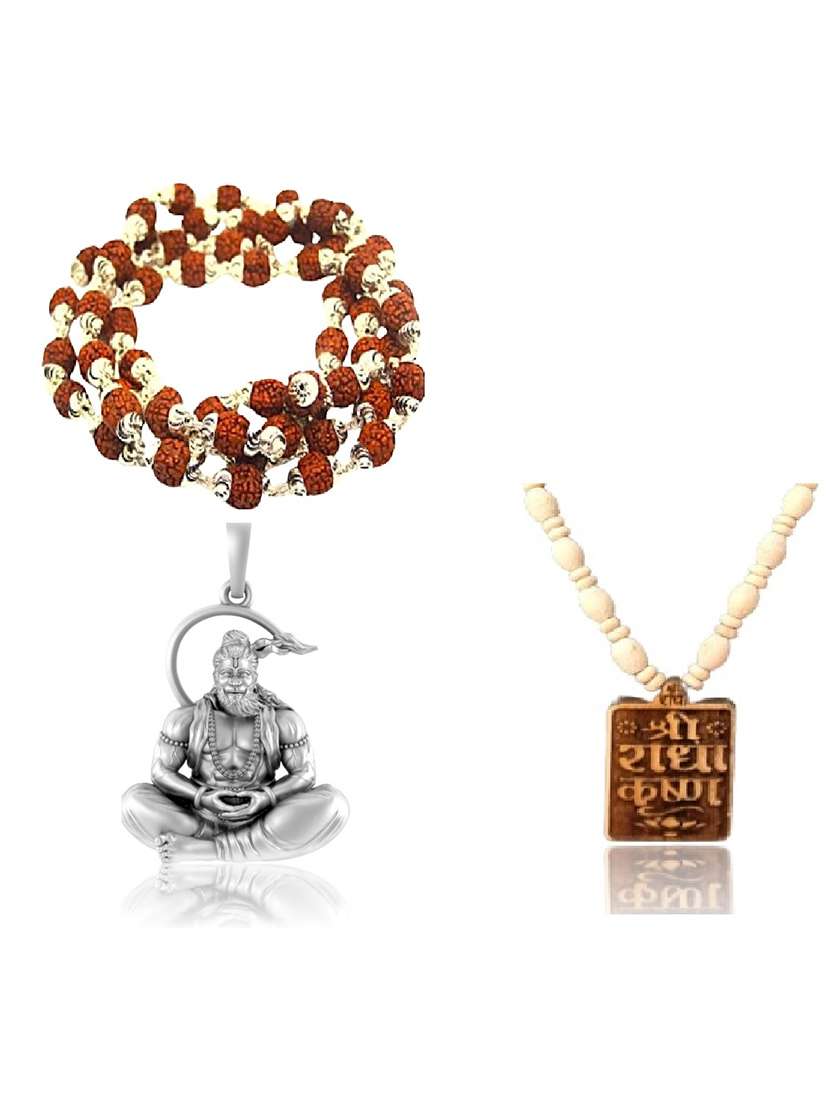  shri hanuman silver pendant with rudraksha and tulsi mala