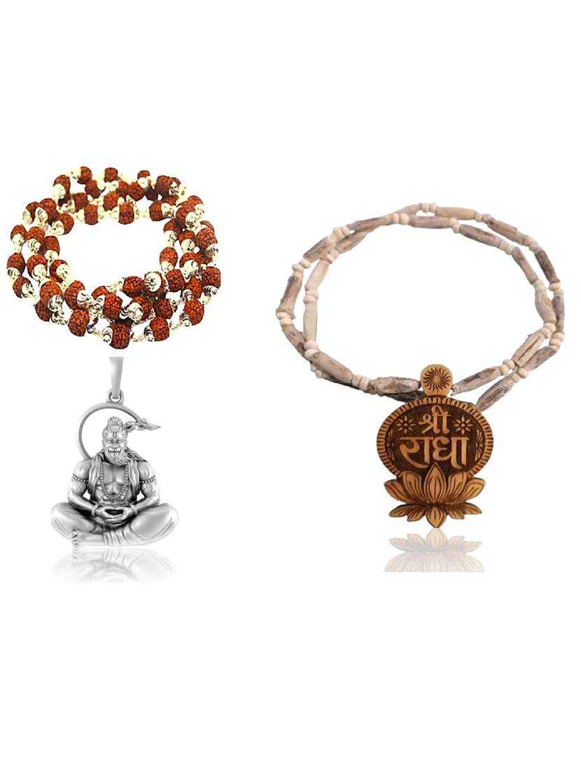  shri hanuman silver pendant with rudraksha and tulsi mala