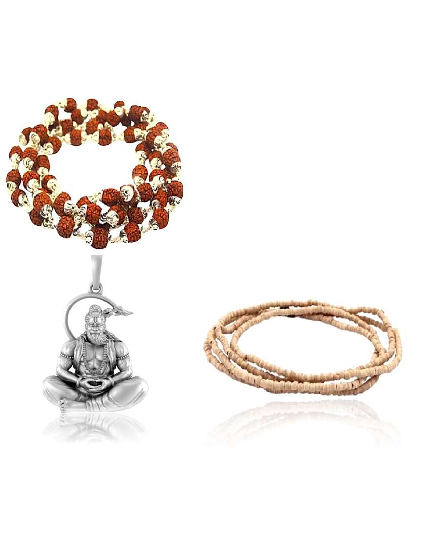  shri hanuman silver pendant with rudraksha and tulsi mala