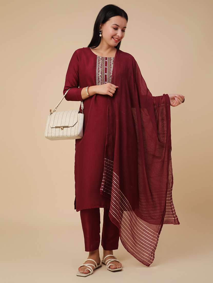 maroon cotton kurta pant  set