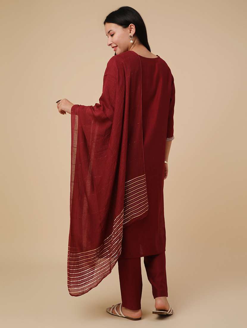 maroon cotton blend suit  set - 22391577 -  Standard Image - 3