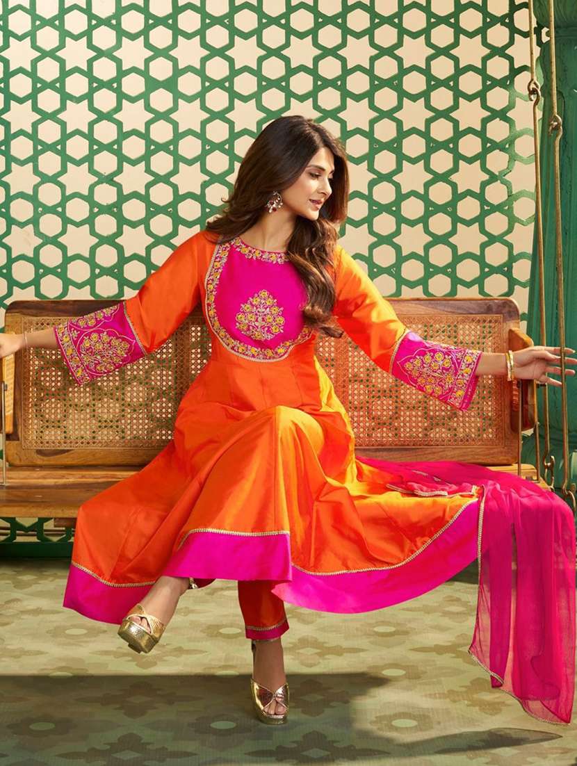 women solid with work long sleeve flared kurta - 22391665 -  Standard Image - 3