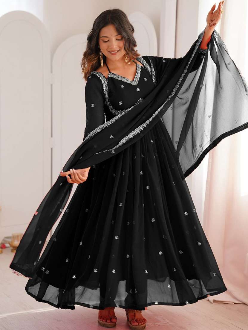 women solid with work long sleeve flared kurta