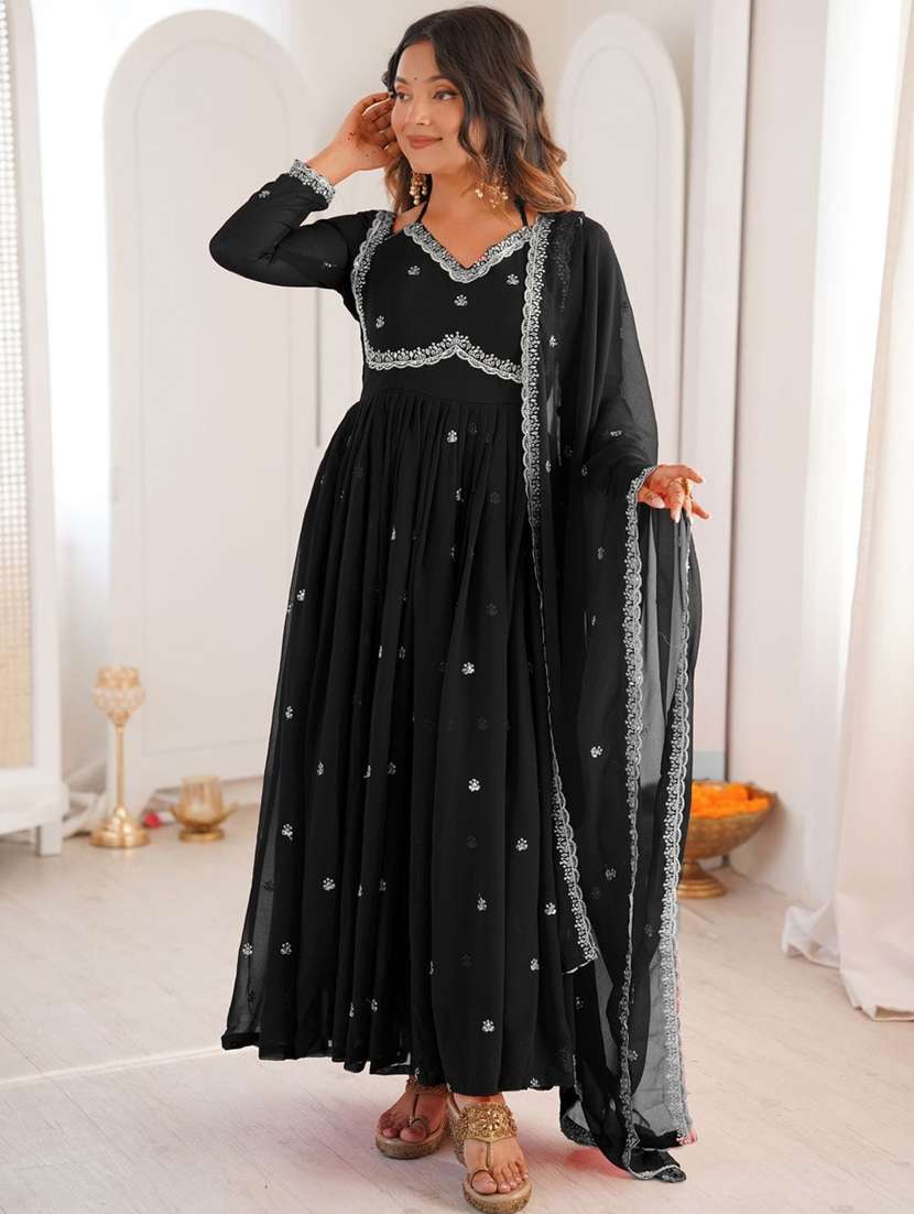 women solid with work long sleeve flared kurta - 22391666 -  Standard Image - 3