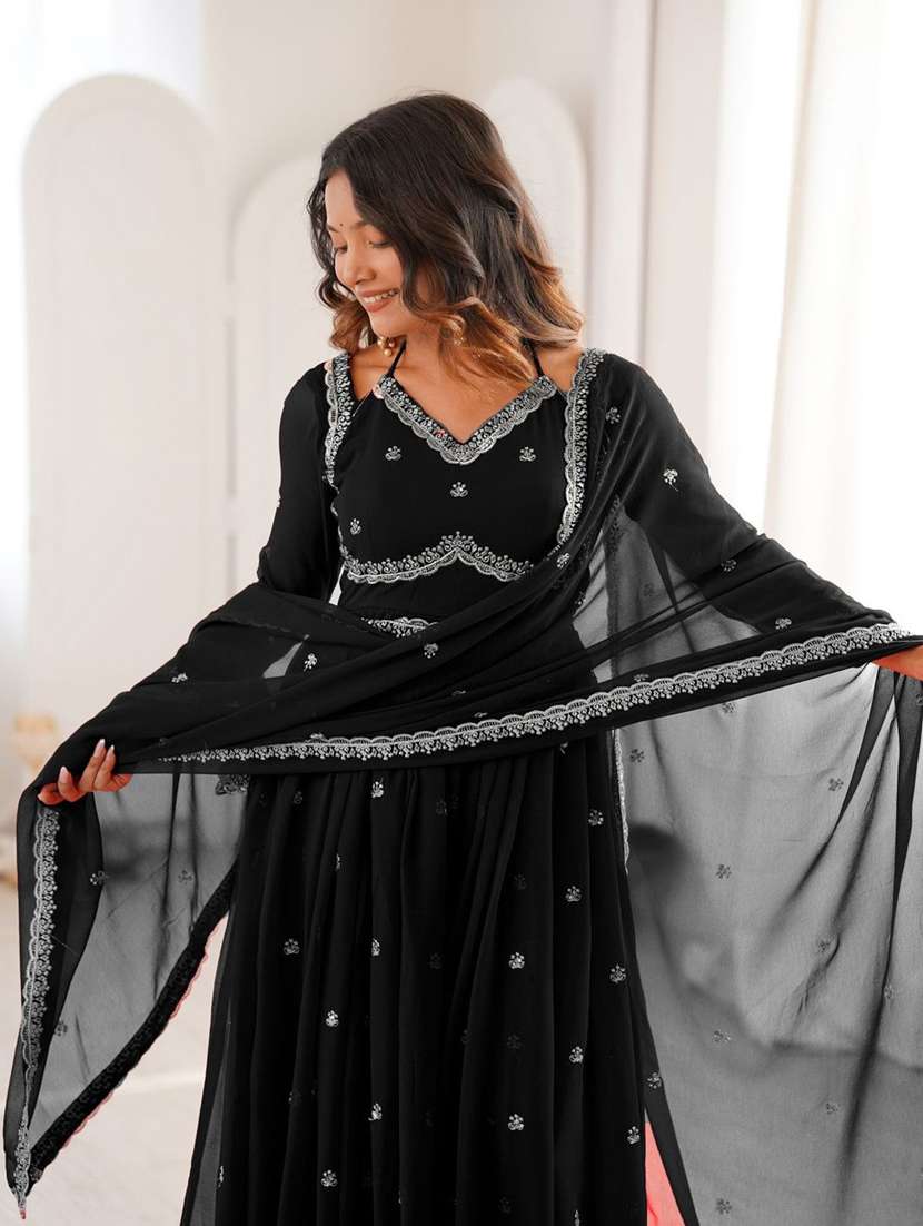 women solid with work long sleeve flared kurta - 22391666 -  Standard Image - 5