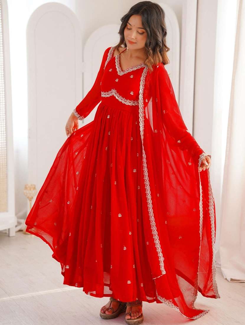 women solid with work long sleeve flared kurta - 22391668 -  Standard Image - 3