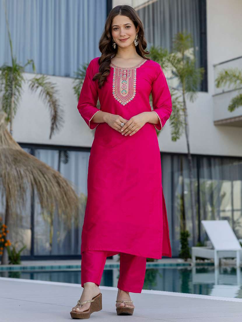 women solid with work three quarter sleeve kurta pant with dupatta set - 22391676 -  Standard Image - 3