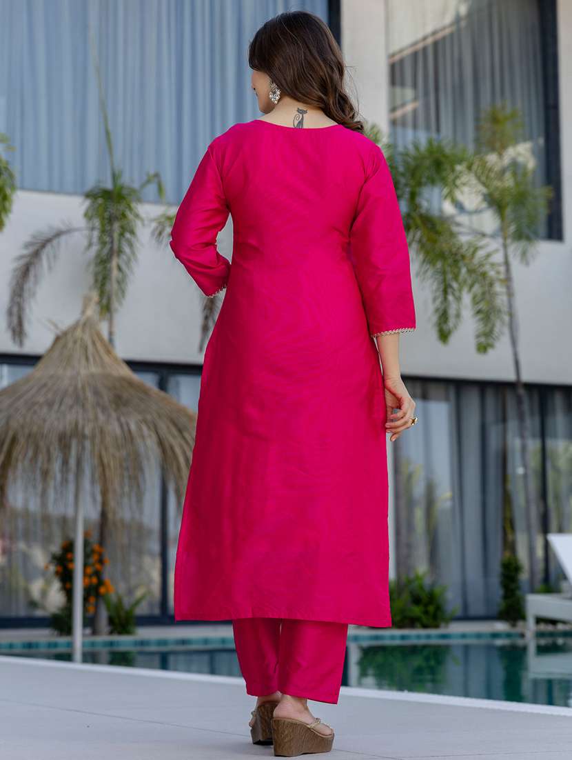 women solid with work three quarter sleeve kurta pant with dupatta set - 22391676 -  Standard Image - 5