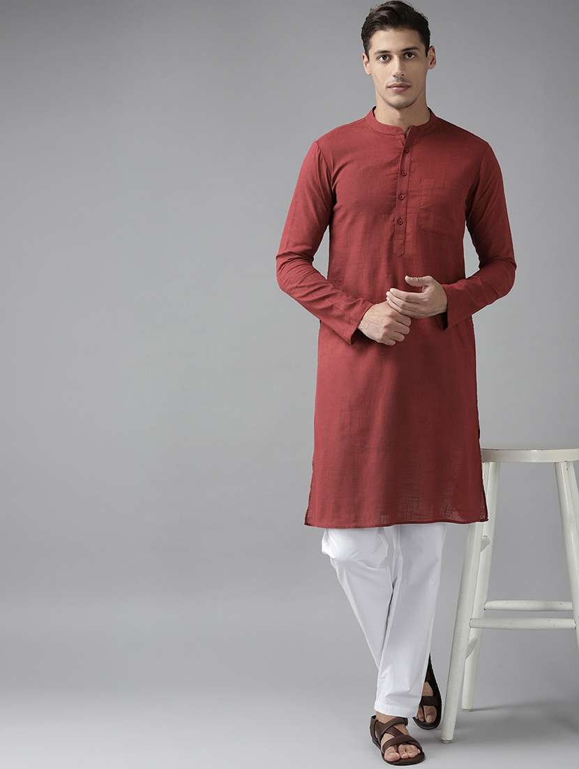 men solid long sleeve kurta pyjama set