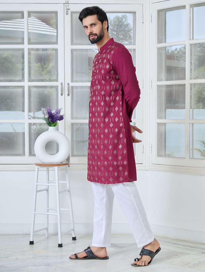 men solid with work long sleeve kurta pyjama set - 22391699 -  Standard Image - 3