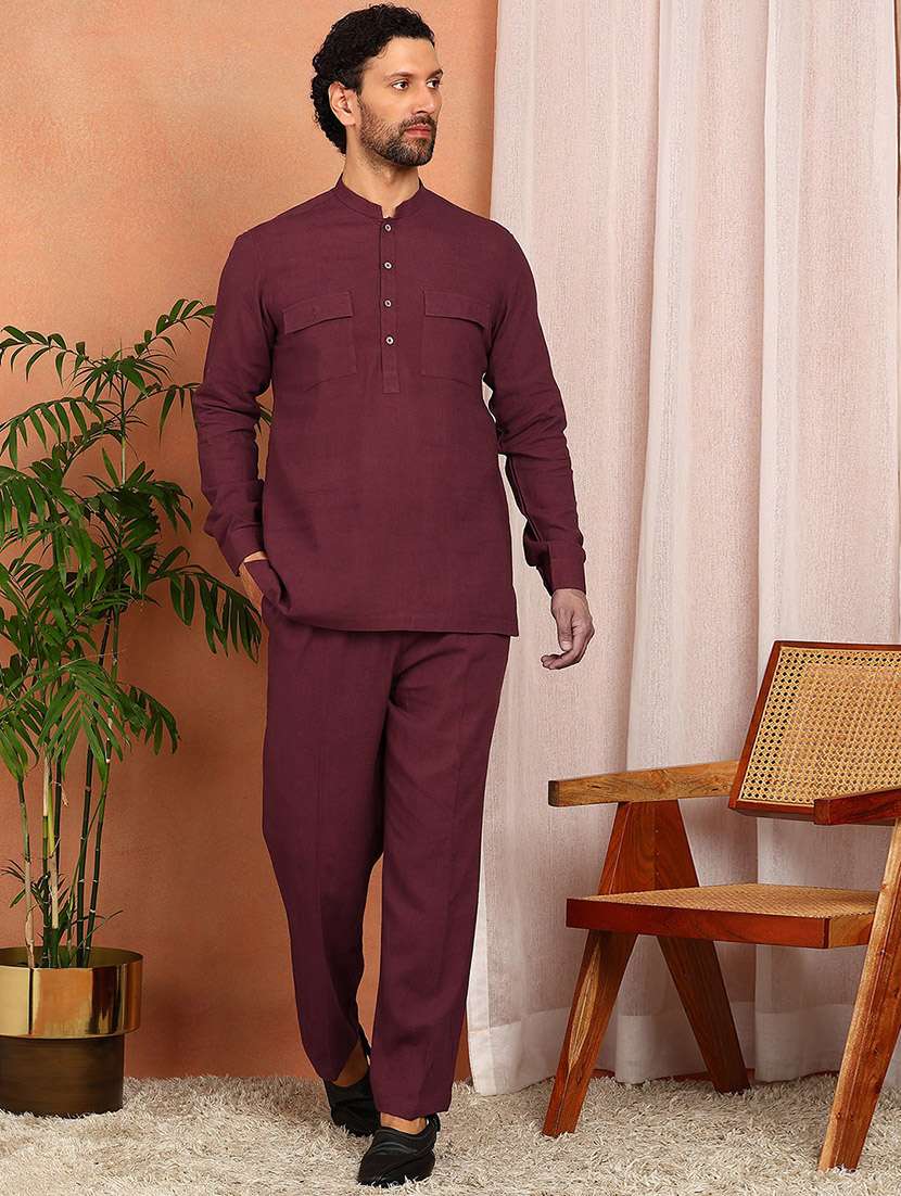 maroon linen kurta pyjama ethnic wear set