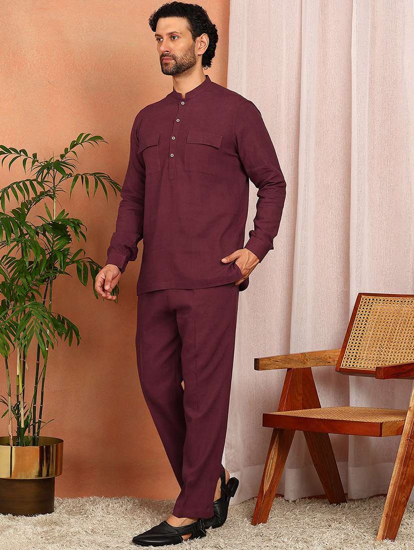 maroon linen kurta pyjama ethnic wear set - 22391701 -  Standard Image - 3