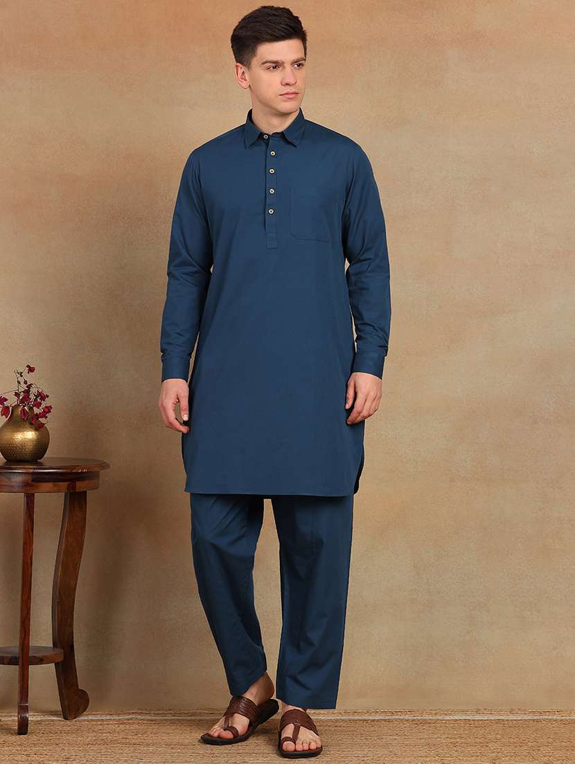 men solid long sleeve pathani set