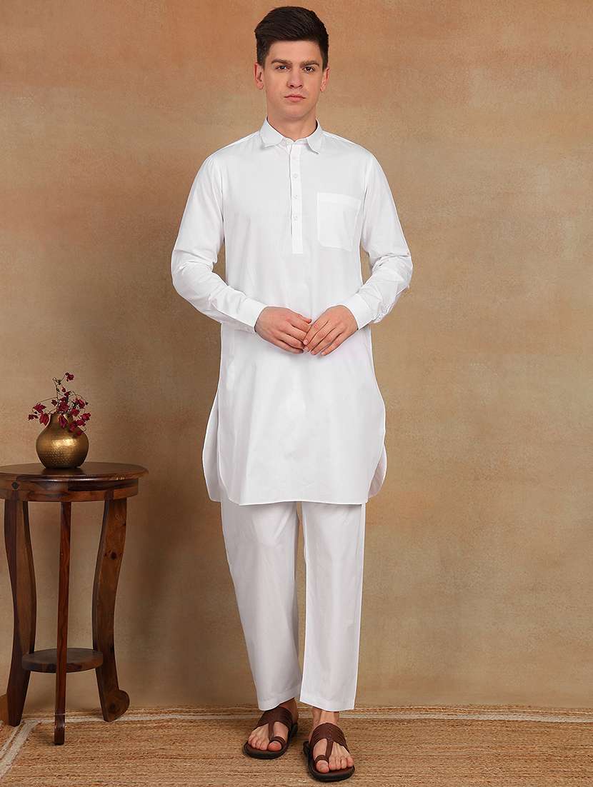 men solid long sleeve pathani set