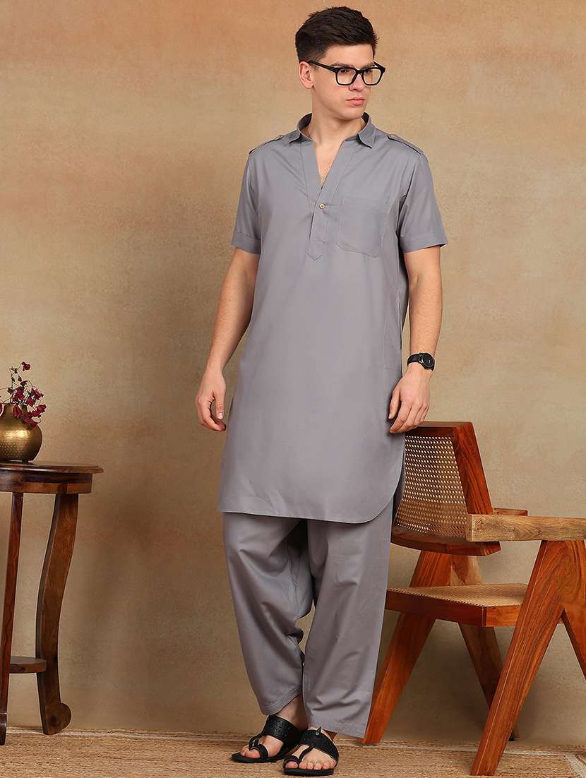 men solid short sleeve pathani ethnic wear set
