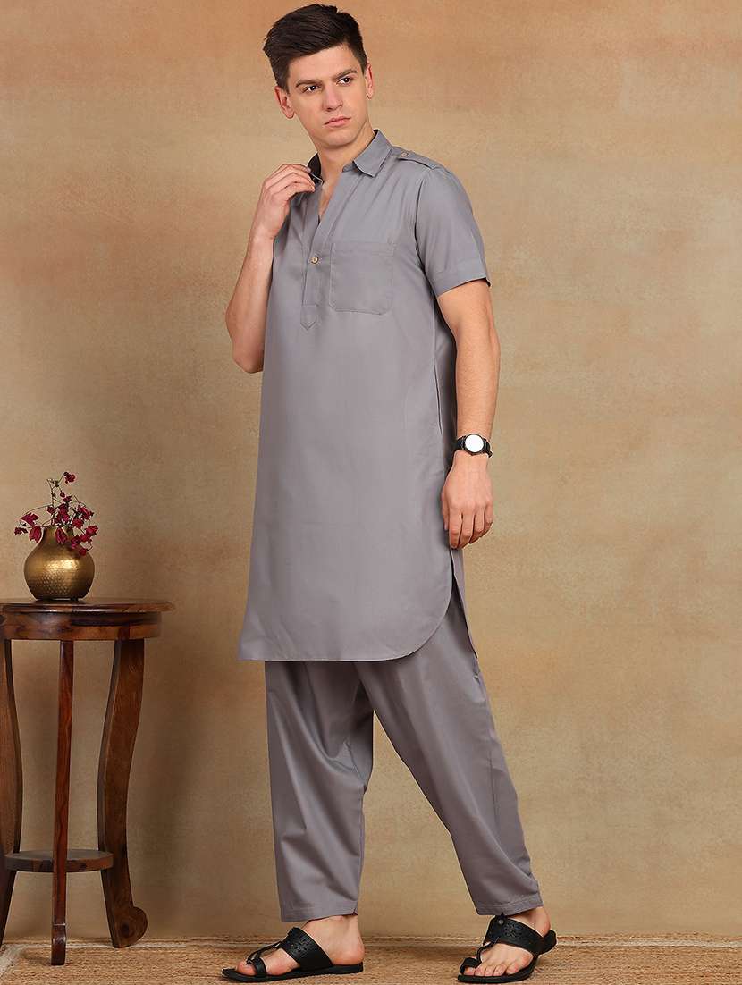 men solid short sleeve pathani ethnic wear set - 22391714 -  Standard Image - 3