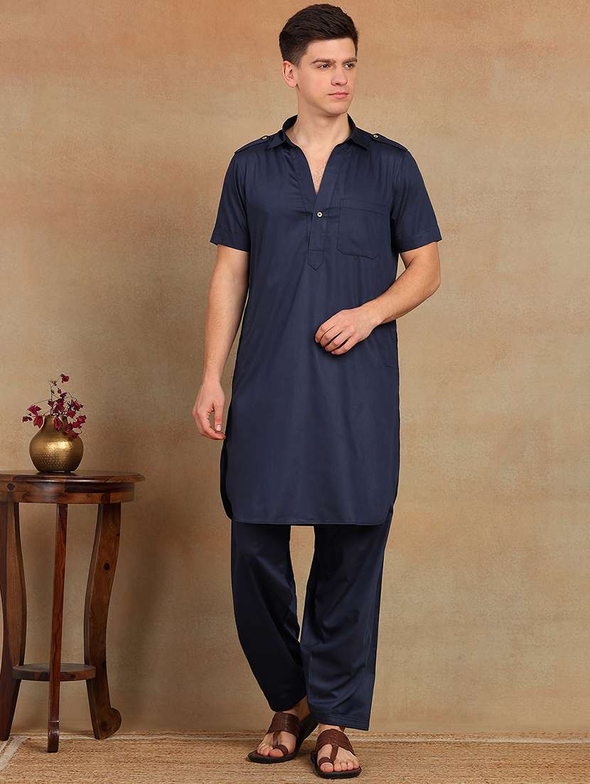 men solid short sleeve pathani ethnic wear set