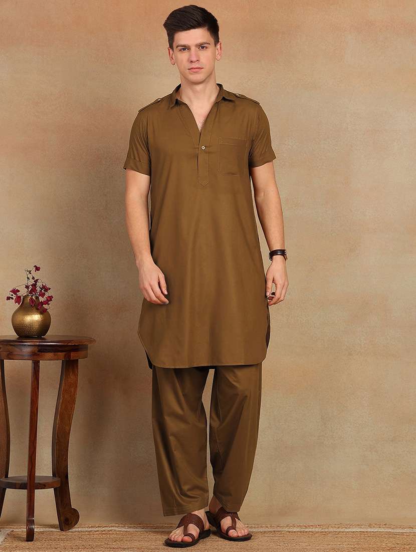 men solid short sleeve pathani ethnic wear set