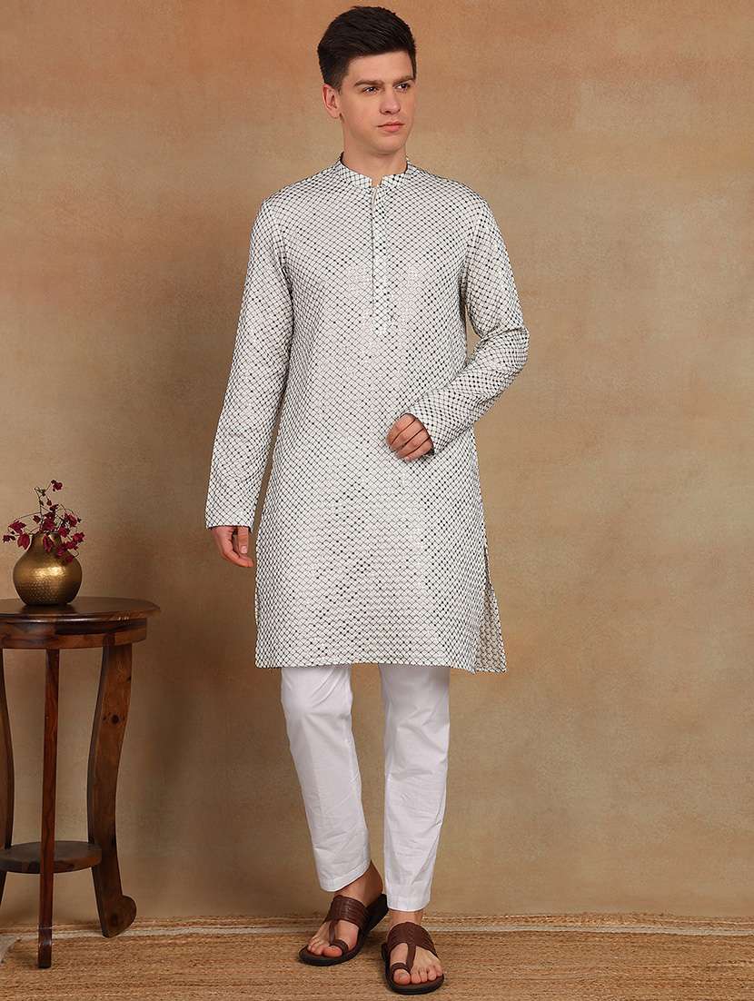 men self design long sleeve kurta pyjama set