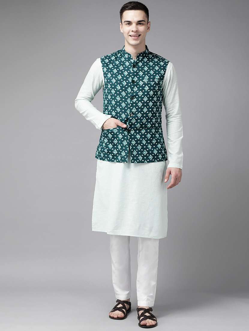 men printed mandarin neck kurta pyjama with jacket set