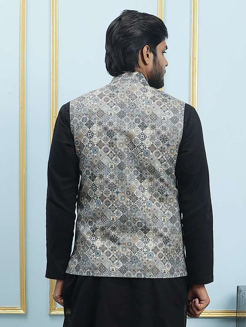 men printed mandarin neck kurta pyjama with jacket set - 22391772 -  Standard Image - 3