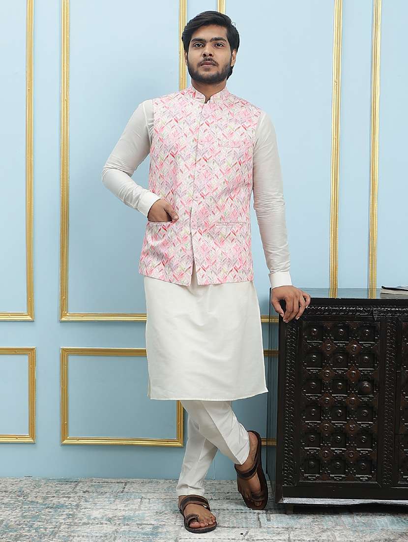 men printed mandarin neck kurta pyjama with jacket set
