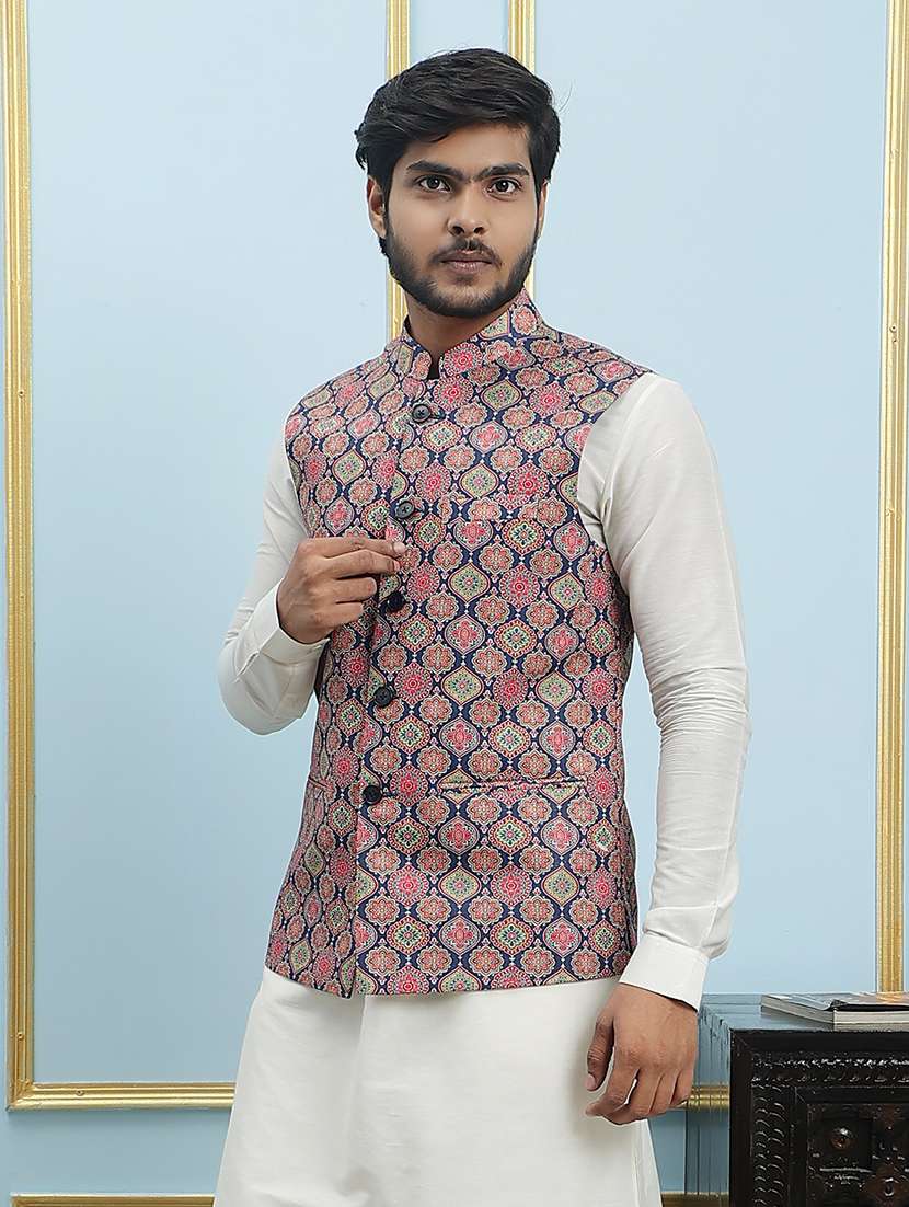 men printed mandarin neck kurta pyjama with jacket set - 22391775 -  Standard Image - 3