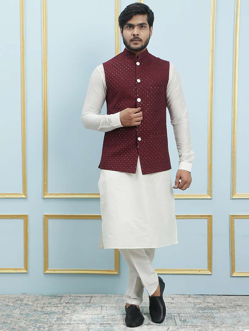 men mandarin neck kurta pyjama with jacket ethnic wear set