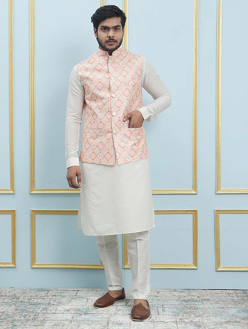 men mandarin neck kurta pyjama with jacket ethnic wear set