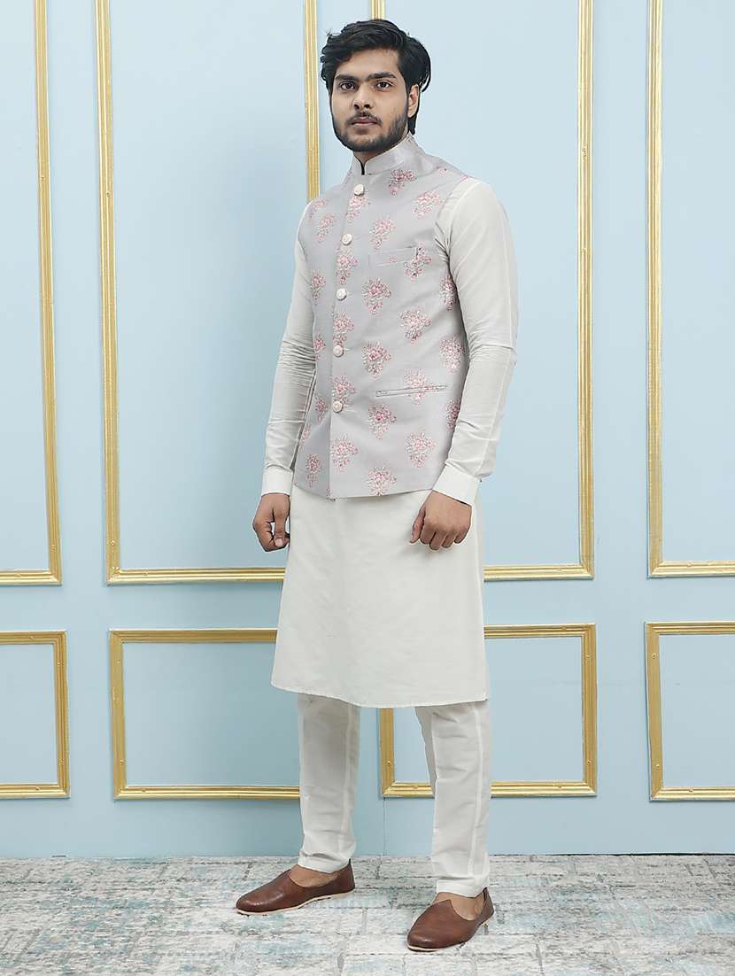 men mandarin neck kurta pyjama with jacket ethnic wear set