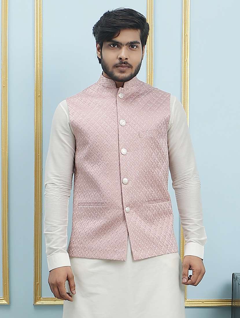 men mandarin neck kurta pyjama with jacket ethnic wear set