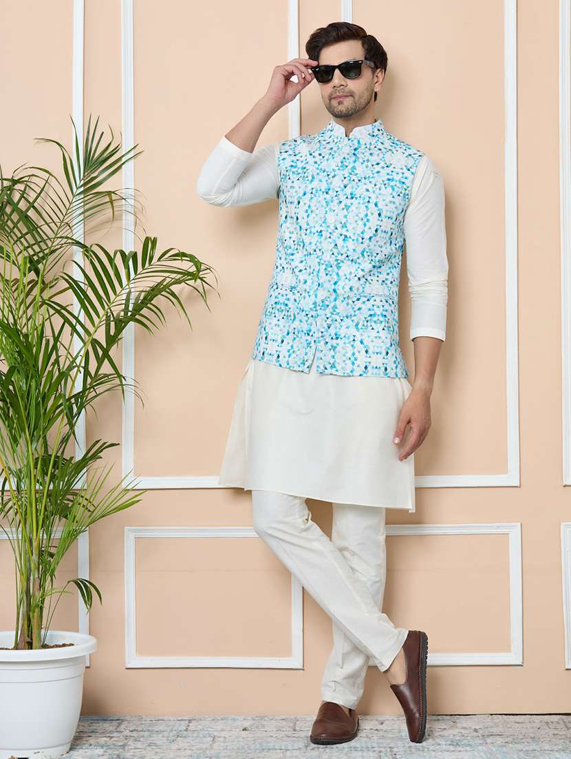 men mandarin neck kurta pyjama with jacket ethnic wear set