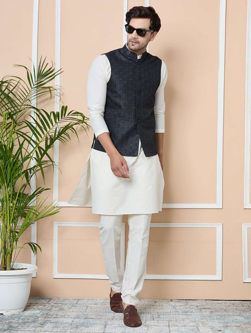 men mandarin neck kurta pyjama with jacket ethnic wear set