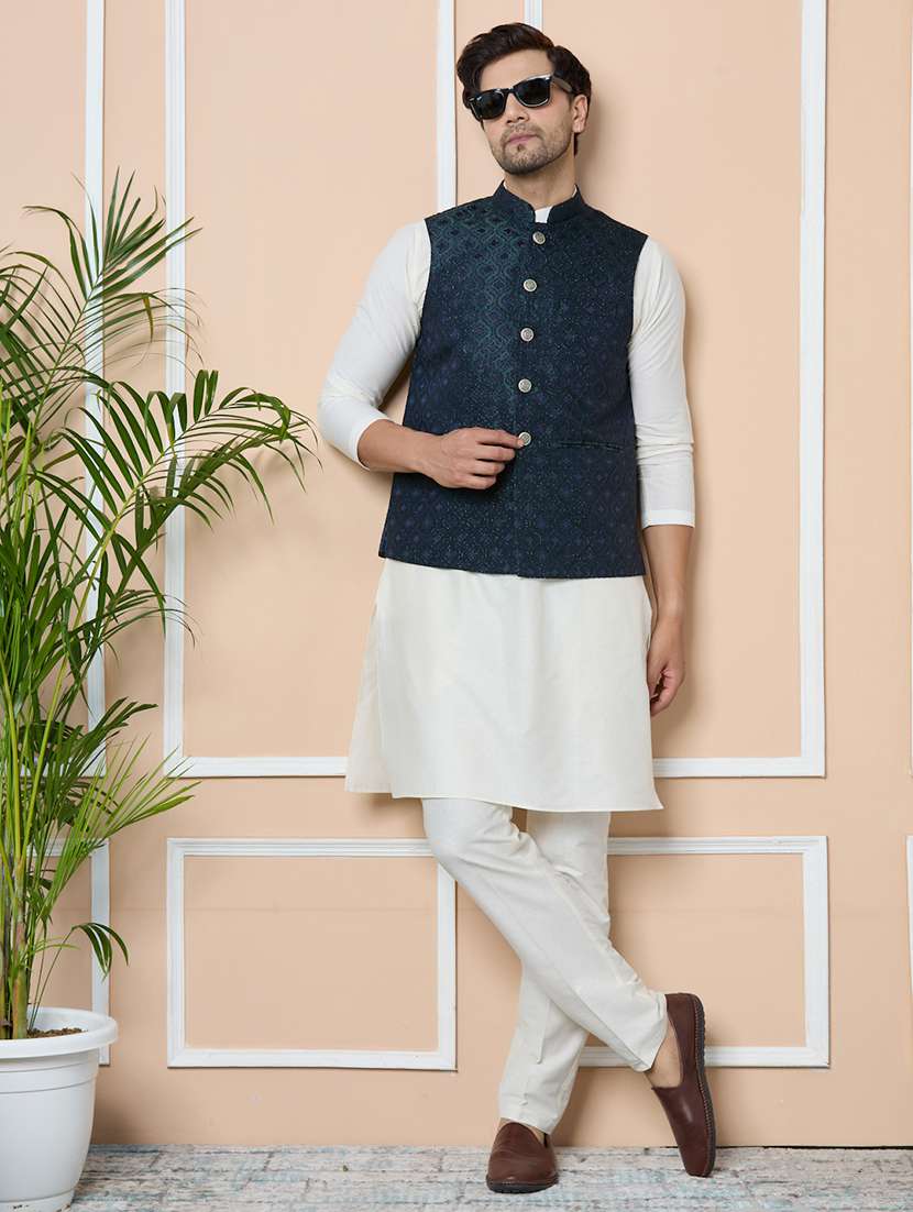 men mandarin neck kurta pyjama with jacket ethnic wear set