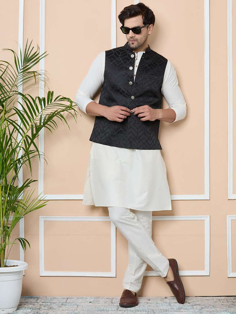 men mandarin neck kurta pyjama with jacket ethnic wear set