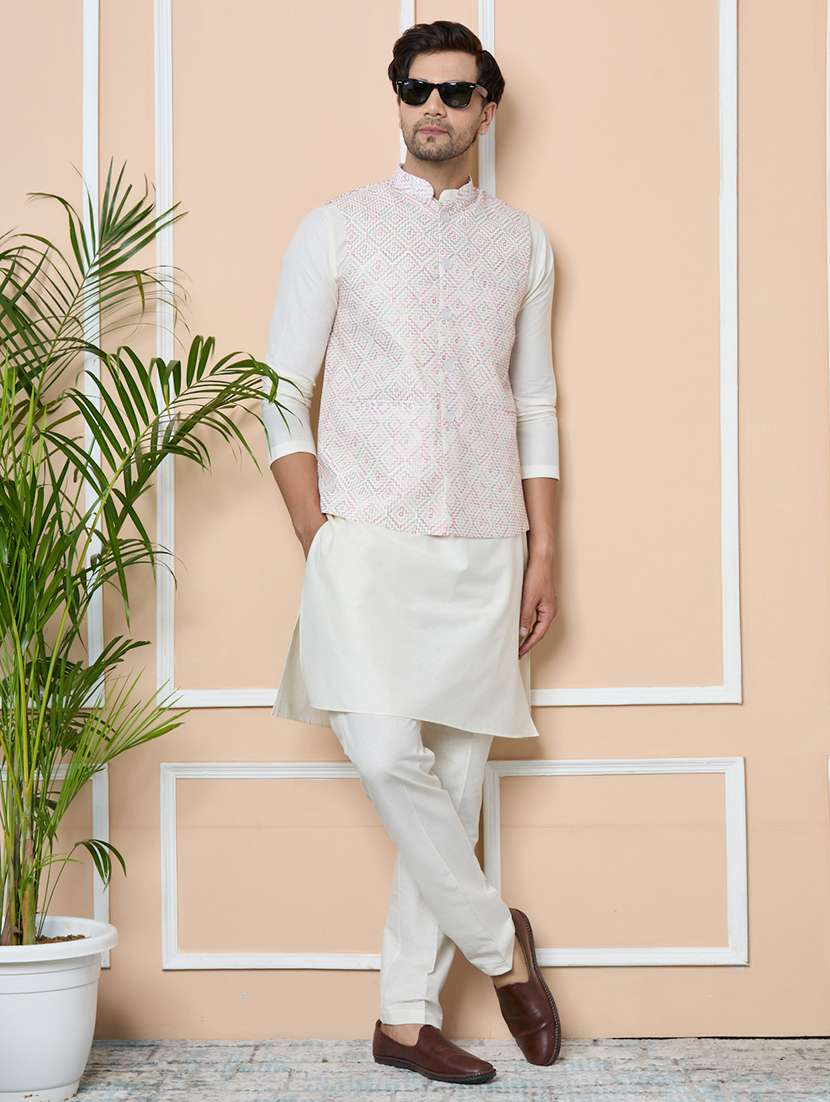 men mandarin neck kurta pyjama with jacket ethnic wear set