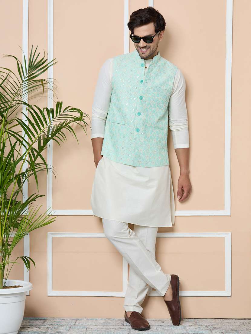 men mandarin neck kurta pyjama with jacket ethnic wear set