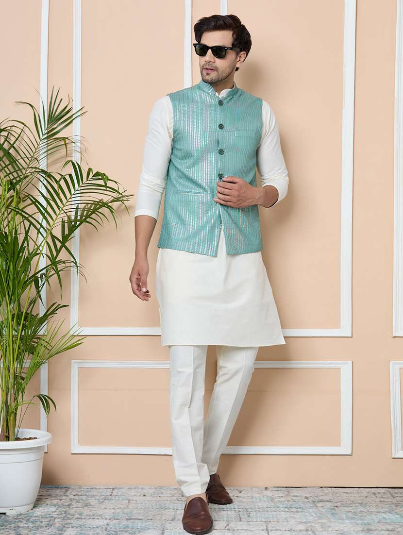 men mandarin neck kurta pyjama with jacket ethnic wear set