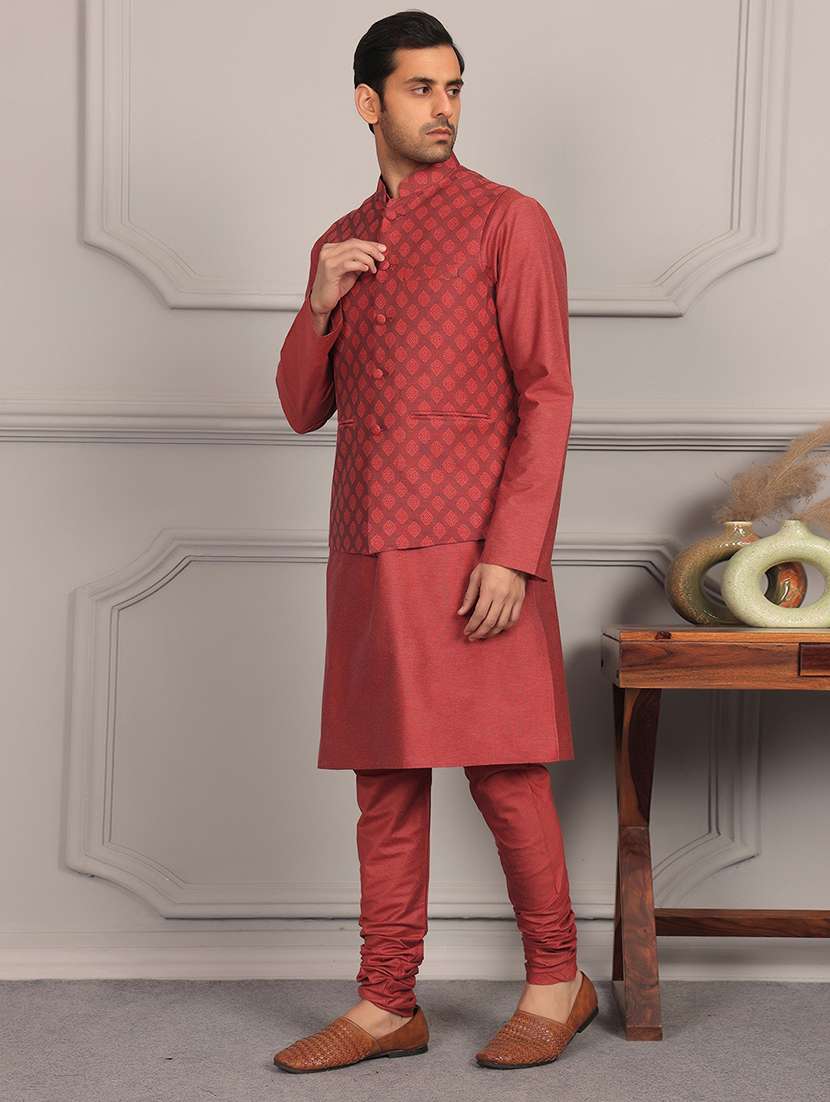 men mandarin neck kurta pyjama with jacket ethnic wear set