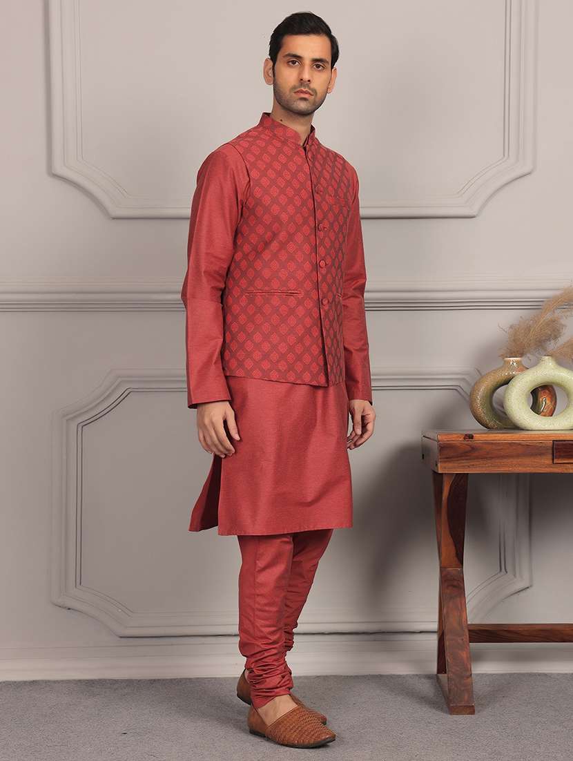 men mandarin neck kurta pyjama with jacket ethnic wear set - 22391836 -  Standard Image - 3