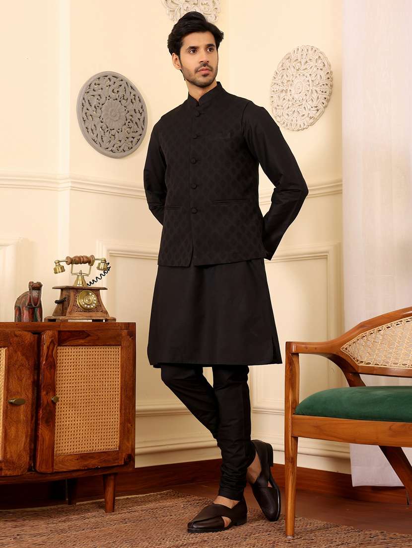 men mandarin neck kurta pyjama with jacket ethnic wear set - 22391844 -  Standard Image - 3
