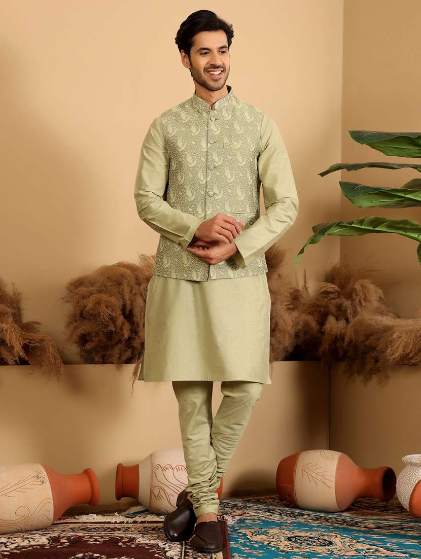 men mandarin neck kurta pyjama with jacket ethnic wear set - 22391845 -  Standard Image - 3