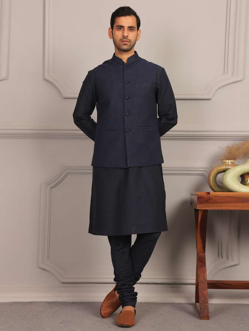 men mandarin neck kurta pyjama with jacket ethnic wear set