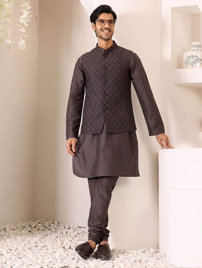 men mandarin neck kurta pyjama with jacket ethnic wear set