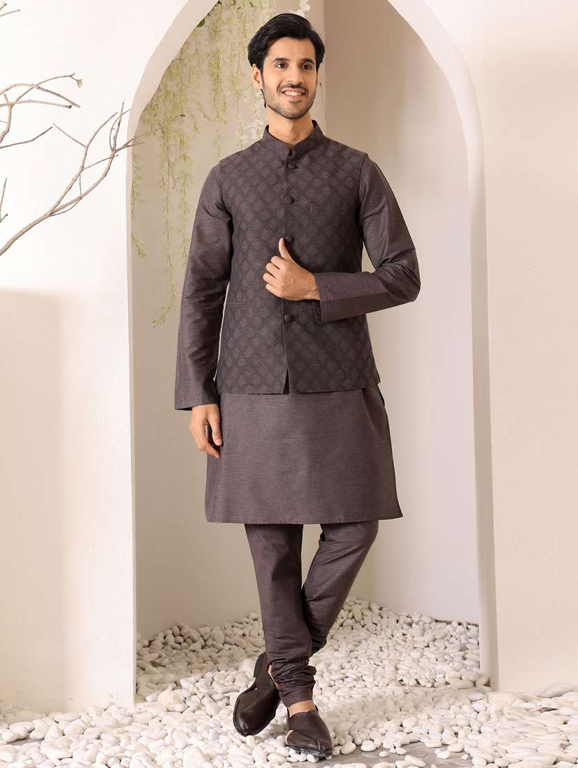 men mandarin neck kurta pyjama with jacket ethnic wear set - 22391848 -  Standard Image - 3