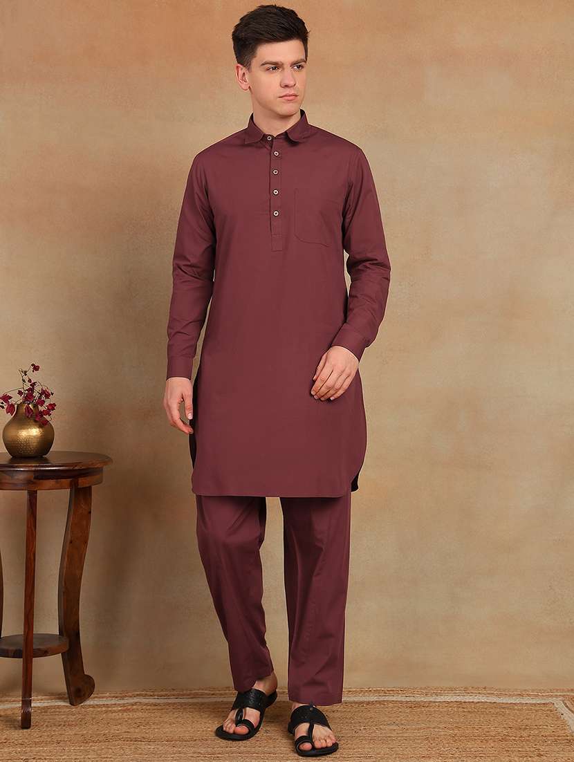 men solid long sleeve pathani set